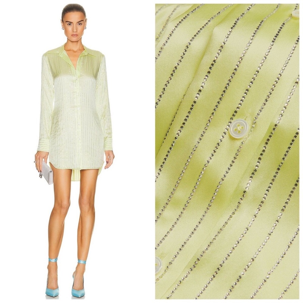 Alexander Wang Crystal Hotfix Slim Silk Shirt Dress in Pale Lime Yellow